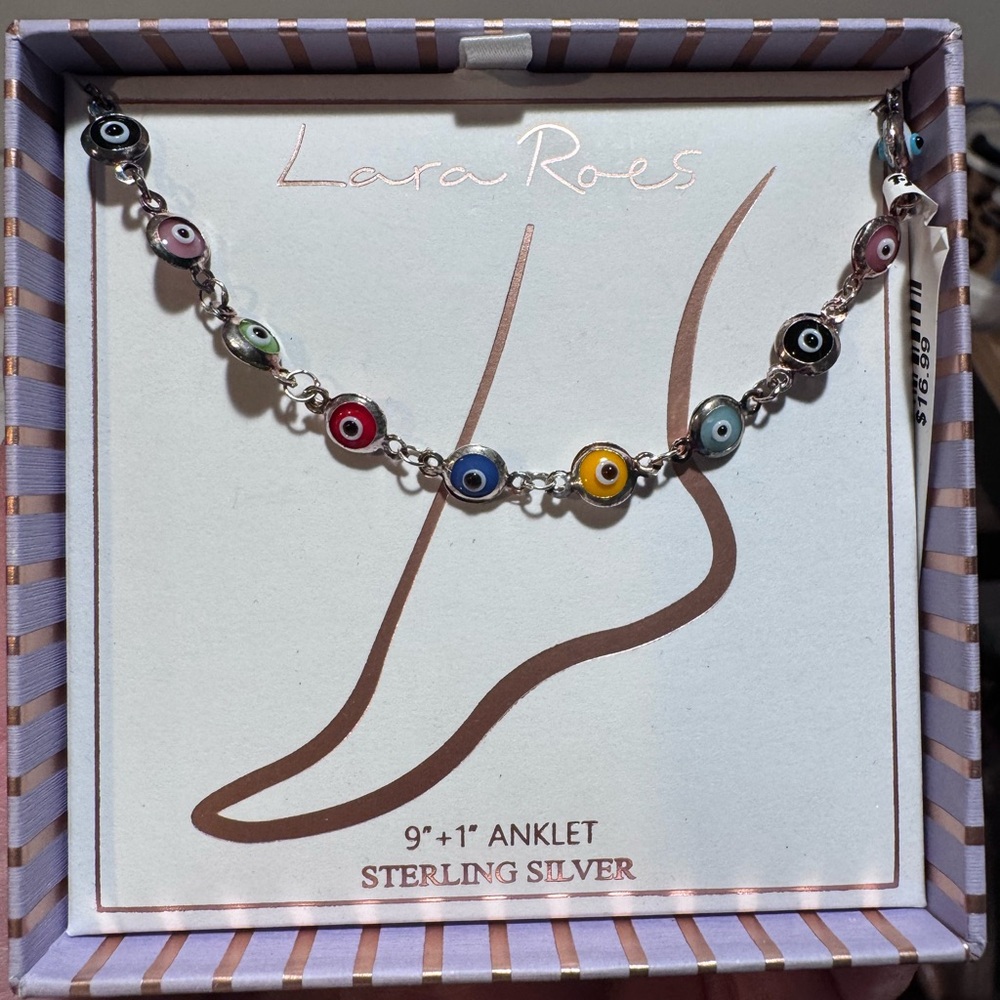 Lara Roes Sterling Silver Multicolor Evil Eye Anklet 9” + 1” Extender